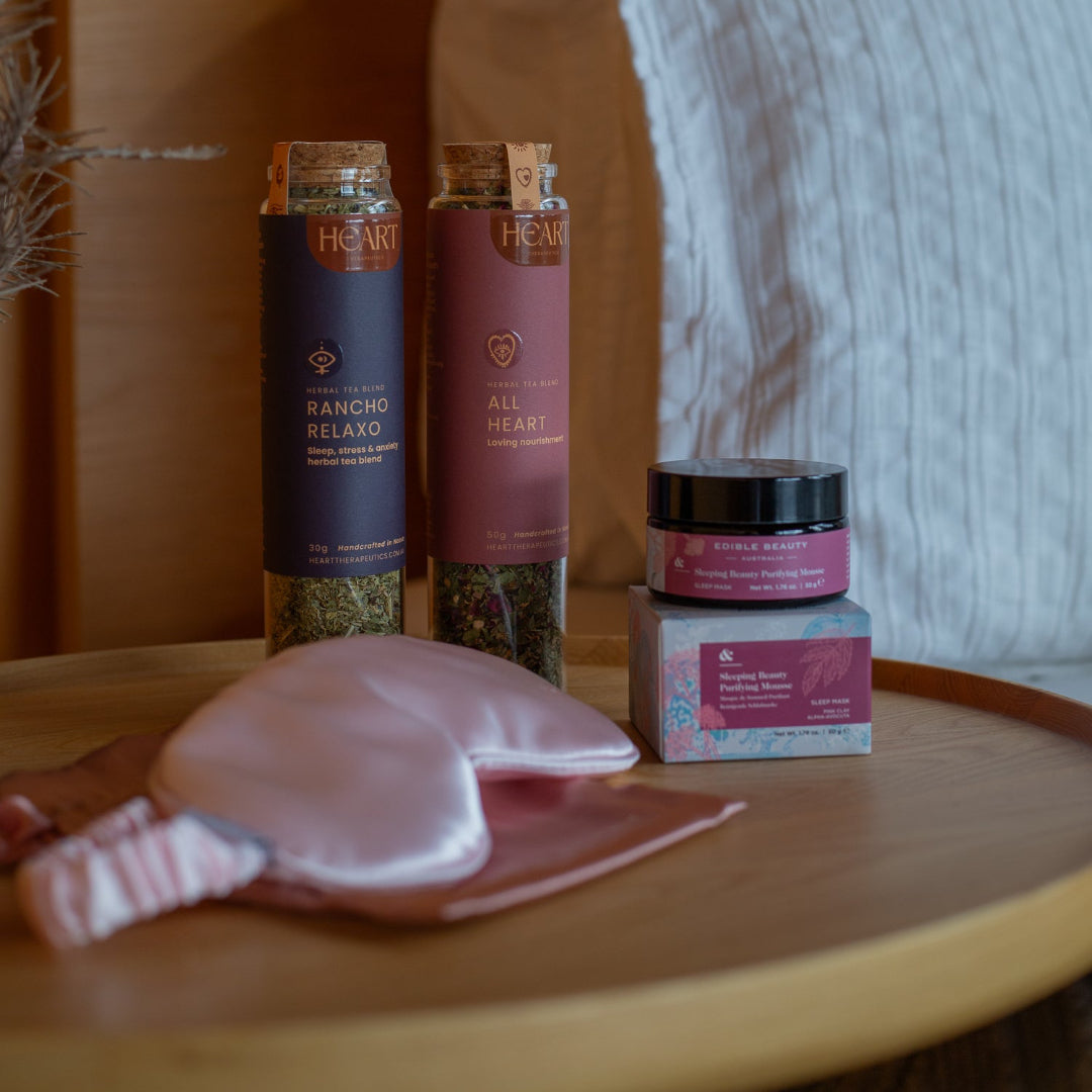 Cosmetic products on a wooden surface with a blurred background