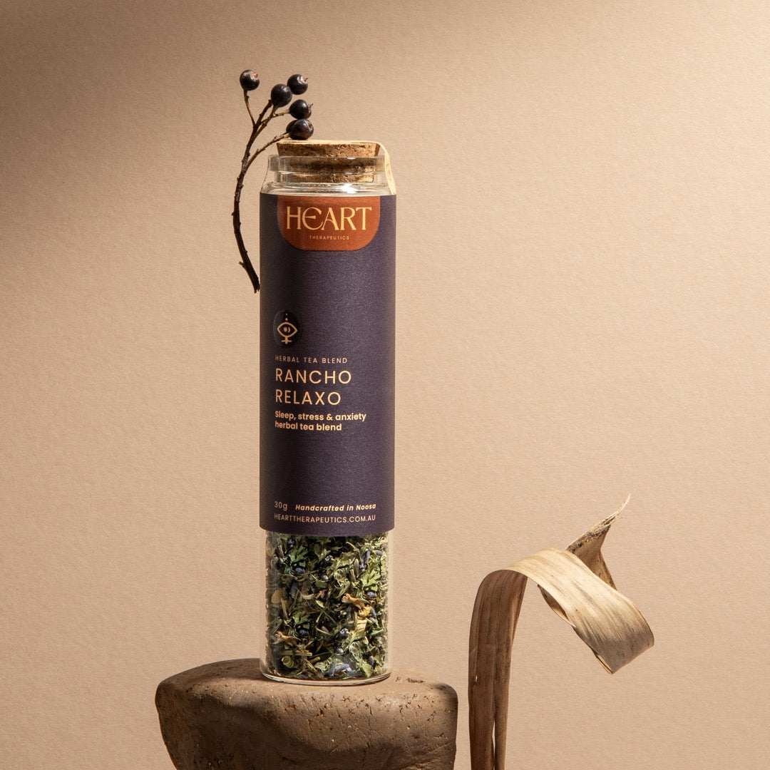 glass jar of herbal tea called rancho relaxo for sleep and anxiety