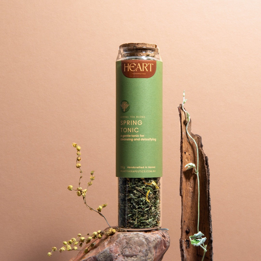 glass jar of spring tonic detoxifying herbal tea blend