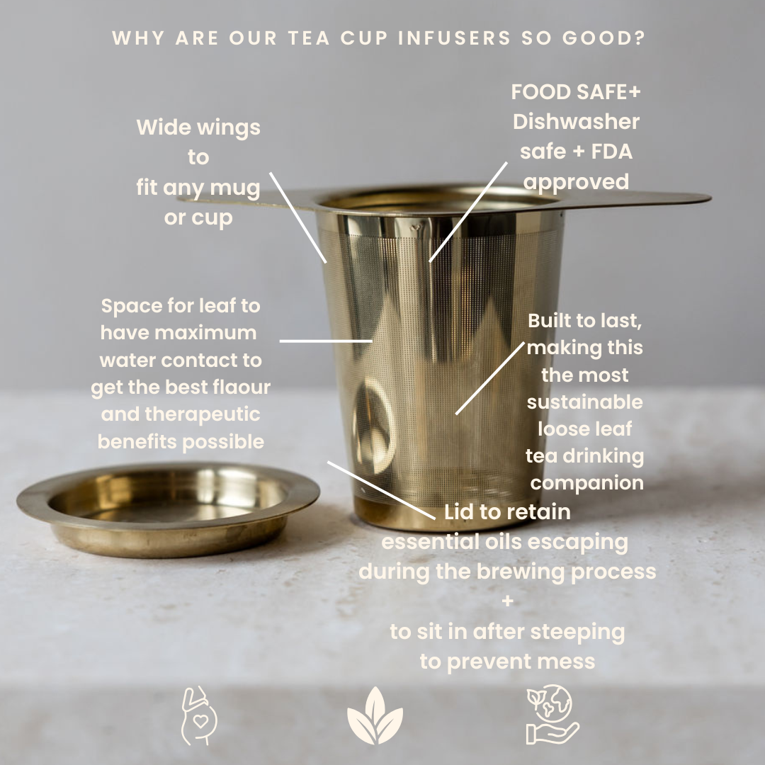 gold tea cup infuser infographic